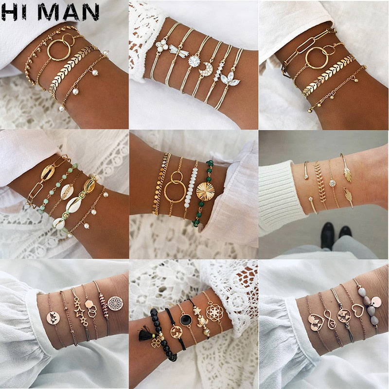 31 Styles Boho Mixed Leaves Letter Map Geometric Crystal Infinity  Pentagram Shell Multi-layer Chain Bracelet Women Wholesale - foxberryparkproducts