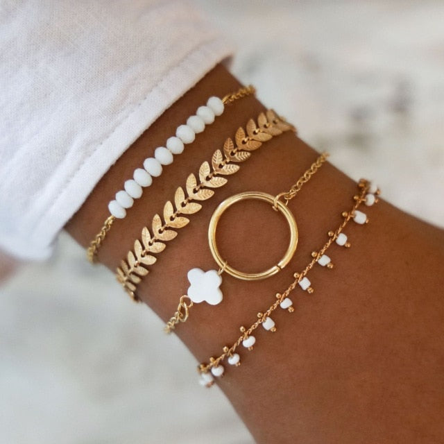 31 Styles Boho Mixed Leaves Letter Map Geometric Crystal Infinity  Pentagram Shell Multi-layer Chain Bracelet Women Wholesale - foxberryparkproducts