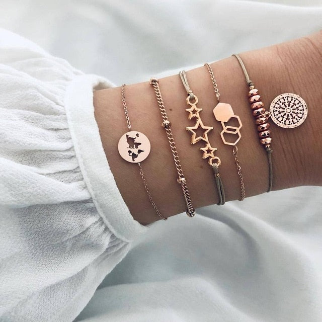 31 Styles Boho Mixed Leaves Letter Map Geometric Crystal Infinity  Pentagram Shell Multi-layer Chain Bracelet Women Wholesale - foxberryparkproducts