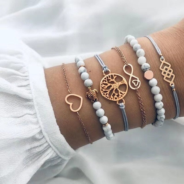 31 Styles Boho Mixed Leaves Letter Map Geometric Crystal Infinity  Pentagram Shell Multi-layer Chain Bracelet Women Wholesale - foxberryparkproducts