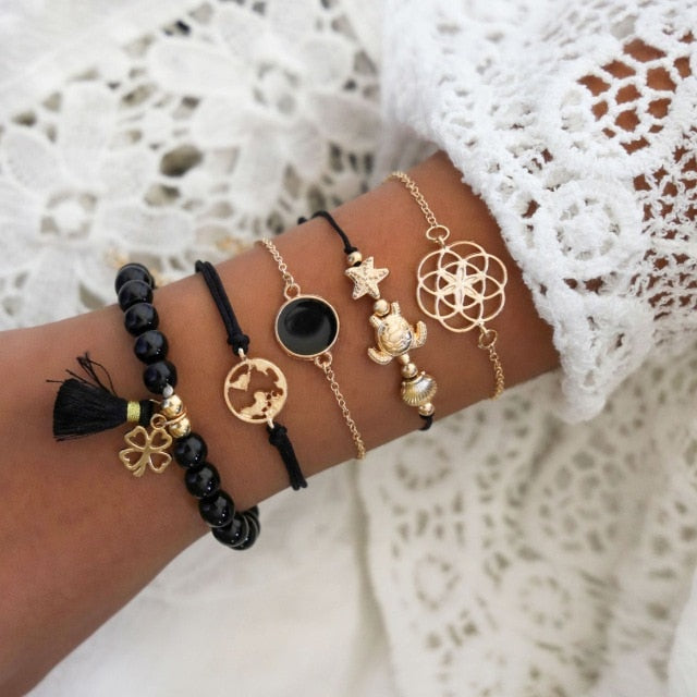 31 Styles Boho Mixed Leaves Letter Map Geometric Crystal Infinity  Pentagram Shell Multi-layer Chain Bracelet Women Wholesale - foxberryparkproducts