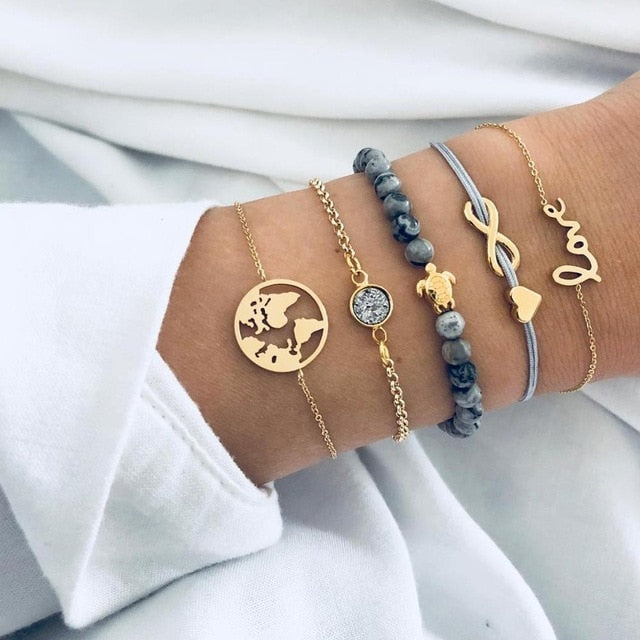 31 Styles Boho Mixed Leaves Letter Map Geometric Crystal Infinity  Pentagram Shell Multi-layer Chain Bracelet Women Wholesale - foxberryparkproducts