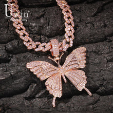 Load image into Gallery viewer, Uwin Iconic Butterfly Pendant 9mm Rose Gold Cuban Chain Cubic Charm Pink Tennis Chain Necklace Men Women Hip Hop Jewelry Gift - foxberryparkproducts
