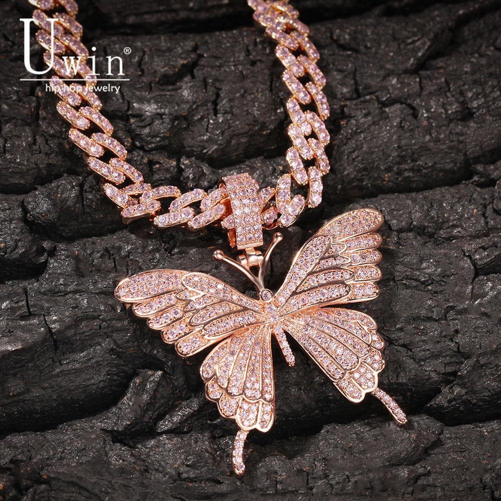 Uwin Iconic Butterfly Pendant 9mm Rose Gold Cuban Chain Cubic Charm Pink Tennis Chain Necklace Men Women Hip Hop Jewelry Gift - foxberryparkproducts