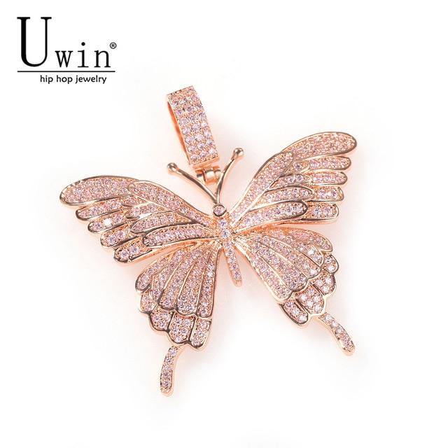 Uwin Iconic Butterfly Pendant 9mm Rose Gold Cuban Chain Cubic Charm Pink Tennis Chain Necklace Men Women Hip Hop Jewelry Gift - foxberryparkproducts