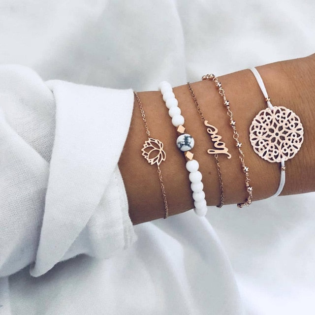 31 Styles Boho Mixed Leaves Letter Map Geometric Crystal Infinity  Pentagram Shell Multi-layer Chain Bracelet Women Wholesale - foxberryparkproducts