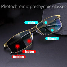 Load image into Gallery viewer, Photochromism Reading Glasses Men High Quality Bifocal lenses Glasses Anti-Blue Light Presbyopia Women Metal frame Spring Hinge - foxberryparkproducts

