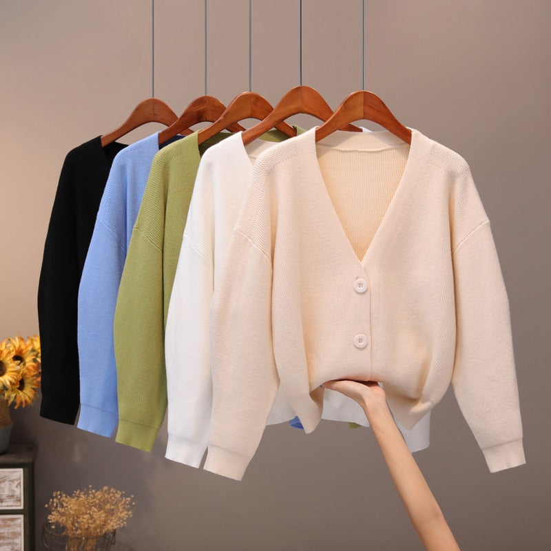 BYGOUBY Solid Knit Cardigans Sweater Women V Neck Loose Pull Sweater With Pocket Autumn Winter Thicken Open Cardigan Jacket Coat - foxberryparkproducts