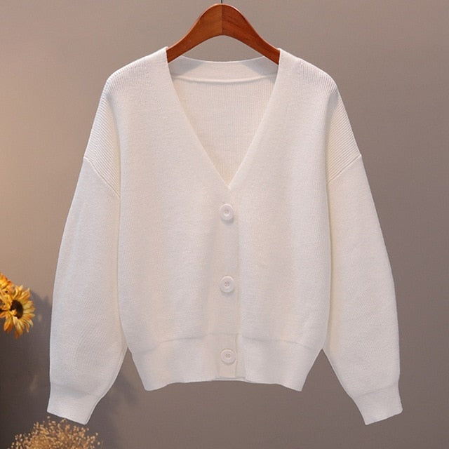 BYGOUBY Solid Knit Cardigans Sweater Women V Neck Loose Pull Sweater With Pocket Autumn Winter Thicken Open Cardigan Jacket Coat - foxberryparkproducts