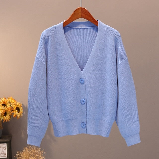 BYGOUBY Solid Knit Cardigans Sweater Women V Neck Loose Pull Sweater With Pocket Autumn Winter Thicken Open Cardigan Jacket Coat - foxberryparkproducts