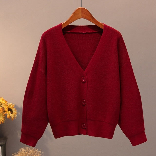 BYGOUBY Solid Knit Cardigans Sweater Women V Neck Loose Pull Sweater With Pocket Autumn Winter Thicken Open Cardigan Jacket Coat - foxberryparkproducts