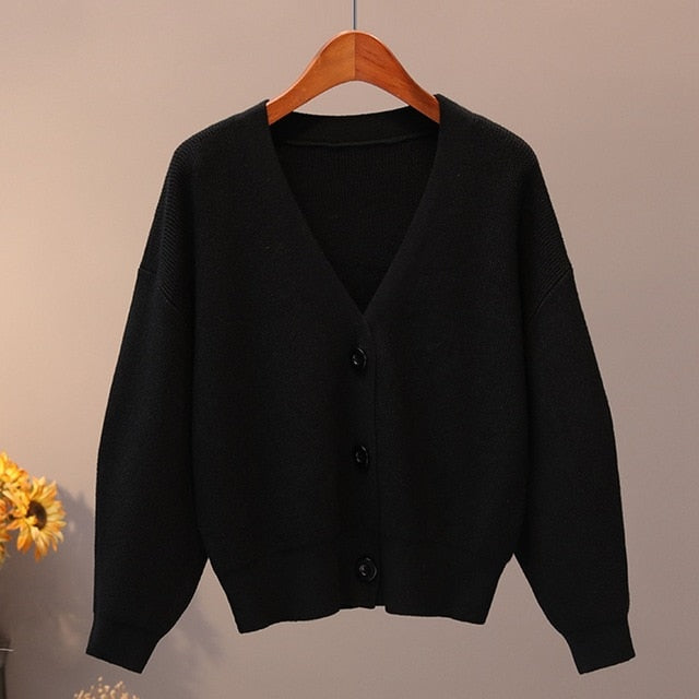 BYGOUBY Solid Knit Cardigans Sweater Women V Neck Loose Pull Sweater With Pocket Autumn Winter Thicken Open Cardigan Jacket Coat - foxberryparkproducts