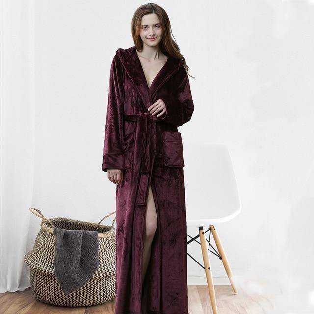 Women Men Winter Plus Size Flannel Robe Extra Long Hooded - foxberryparkproducts