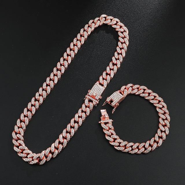 Hip Hop Iced Out Paved Rhinestones 1Set 13MM Miami Curb Cuban Chain - foxberryparkproducts