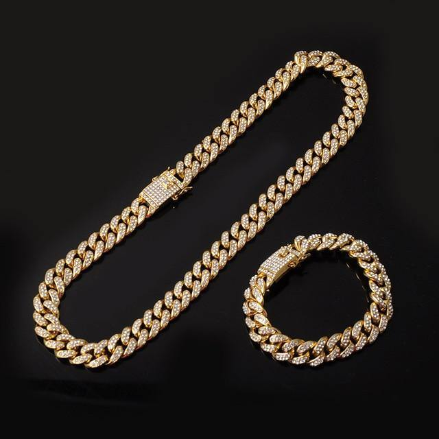 Hip Hop Iced Out Paved Rhinestones 1Set 13MM Miami Curb Cuban Chain - foxberryparkproducts