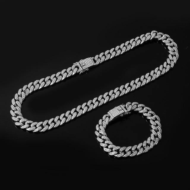 Hip Hop Iced Out Paved Rhinestones 1Set 13MM Miami Curb Cuban Chain - foxberryparkproducts