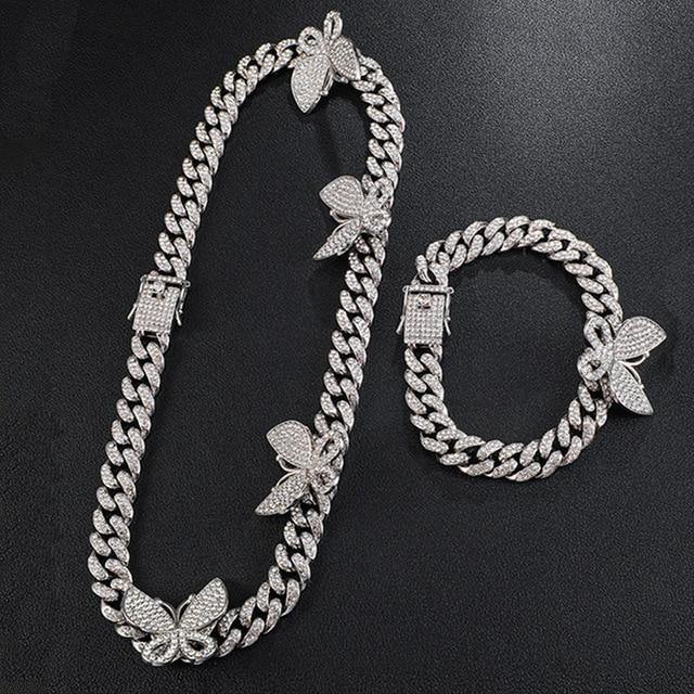 Hip Hop Iced Out Paved Rhinestones 1Set 13MM Miami Curb Cuban Chain - foxberryparkproducts