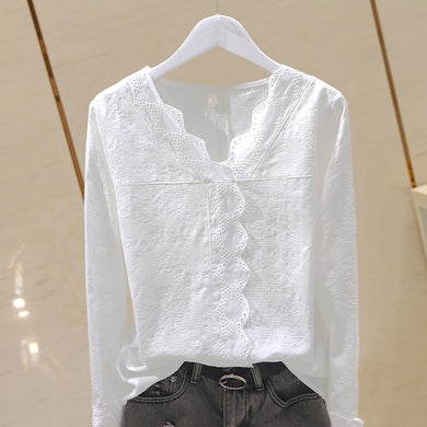 Lace Cotton Women Blouse V-Neck Long-Sleeved Slim Solid Lady Elegant - foxberryparkproducts
