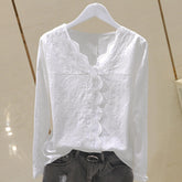Lace Cotton Women Blouse V-Neck Long-Sleeved Slim Solid Lady Elegant - foxberryparkproducts
