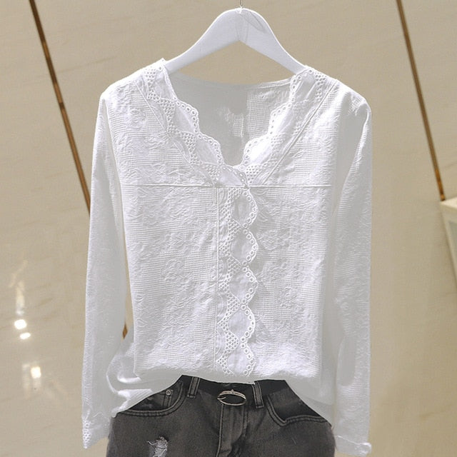 Lace Cotton Women Blouse V-Neck Long-Sleeved Slim Solid Lady Elegant - foxberryparkproducts