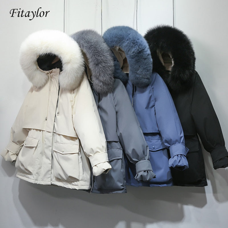 Warm Winter Jacket Women Large Natural Fox Fur White Duck Down Coat - foxberryparkproducts
