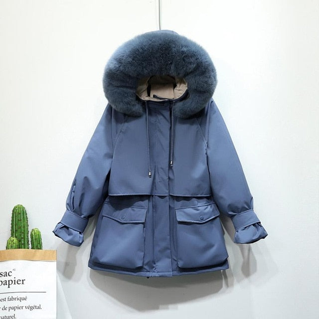 Warm Winter Jacket Women Large Natural Fox Fur White Duck Down Coat - foxberryparkproducts