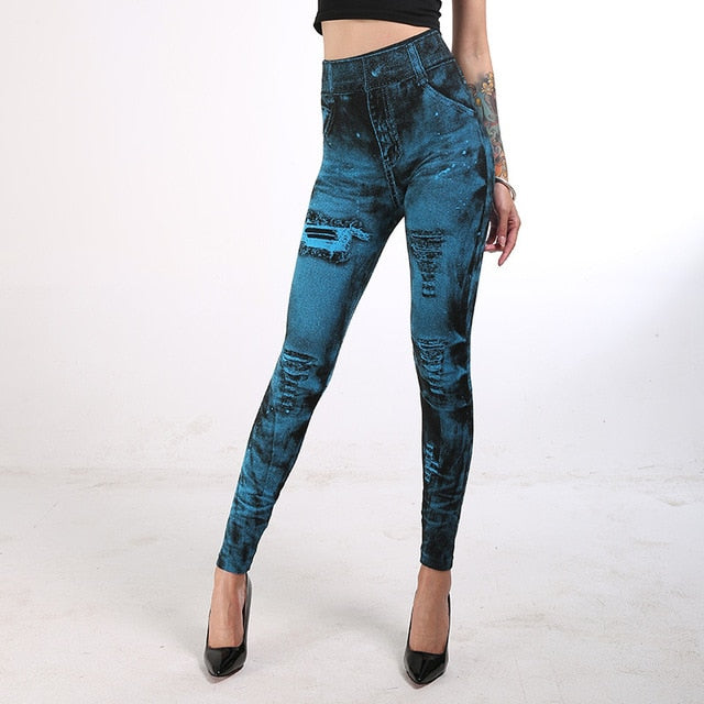 INITIALDREAM 2020 Imitation Cowboy Printed Leggings Women High Waist Slim Elastic Pencil Pants Plus Size 3XL Sexy Jeans Leggings - foxberryparkproducts