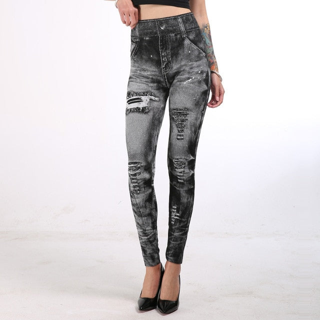 INITIALDREAM 2020 Imitation Cowboy Printed Leggings Women High Waist Slim Elastic Pencil Pants Plus Size 3XL Sexy Jeans Leggings - foxberryparkproducts