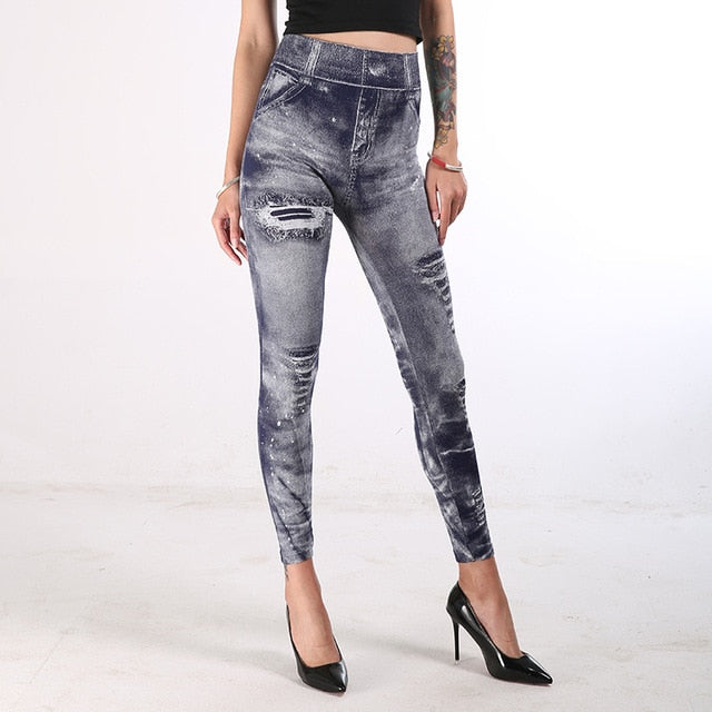 INITIALDREAM 2020 Imitation Cowboy Printed Leggings Women High Waist Slim Elastic Pencil Pants Plus Size 3XL Sexy Jeans Leggings - foxberryparkproducts