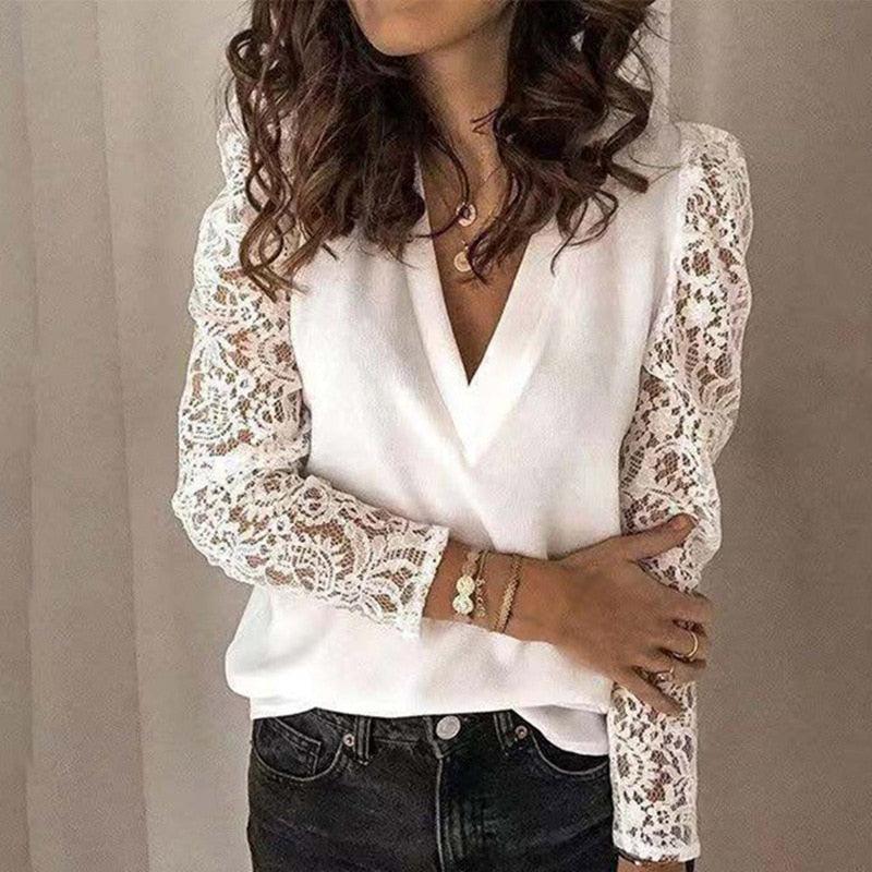 Gifts Blouse V-neck Lace Hollow Out Long Sleeve Office        ID A312 - 3101 - foxberryparkproducts