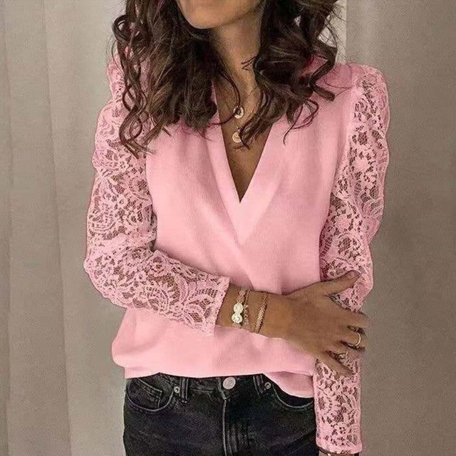 Gifts Blouse V-neck Lace Hollow Out Long Sleeve Office        ID A312 - 3101 - foxberryparkproducts