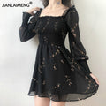 Beautiful Autumn Womens Sexy Black Dress Vintage Flower Long Puff Sleeve - foxberryparkproducts