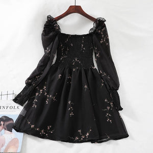 Beautiful Autumn Womens Sexy Black Dress Vintage Flower Long Puff Sleeve - foxberryparkproducts
