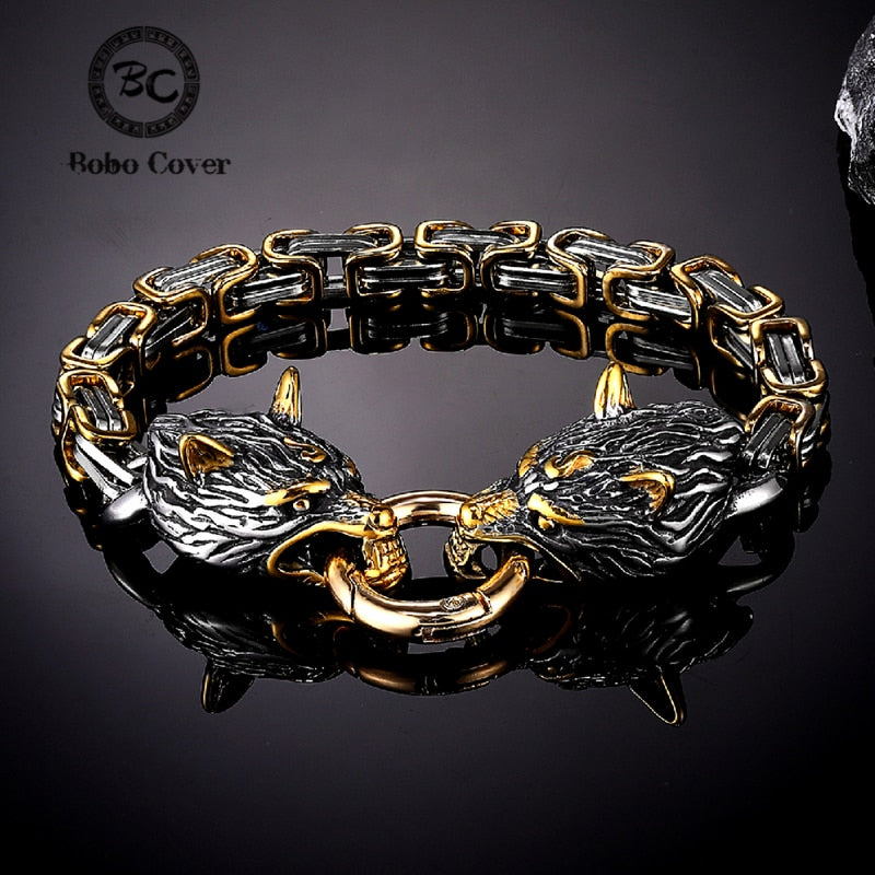 Nordic Vikings Celtic Wolf Head Bracelets Mens Stainless Steel Oding Wolf Bangles Amulet Never Fade - foxberryparkproducts