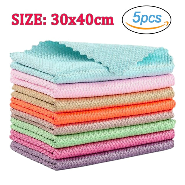 5Pcs Kitchen Cleaning Towel Anti-Grease Wiping Rags Absorbable Fish Scale Wipe Cloth Glass Window Dish Cleaning Cloth - foxberryparkproducts