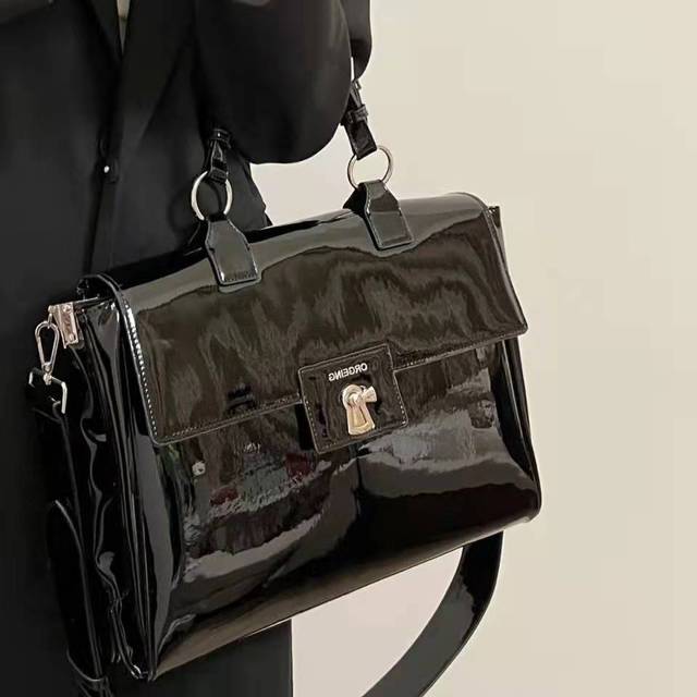 Trendy Female Briefcase Cool Patent Leather Shoulder Laptop Bag - foxberryparkproducts