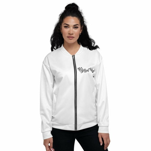 Womens Jacket - Blessed Up Graphic Text Bomber Jacket - foxberryparkproducts