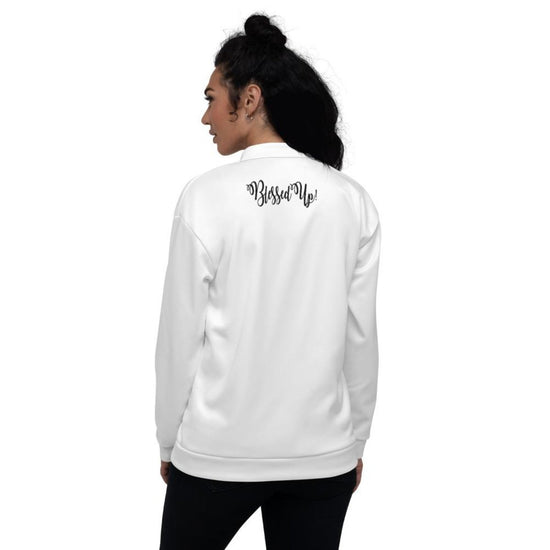 Womens Jacket - Blessed Up Graphic Text Bomber Jacket - foxberryparkproducts