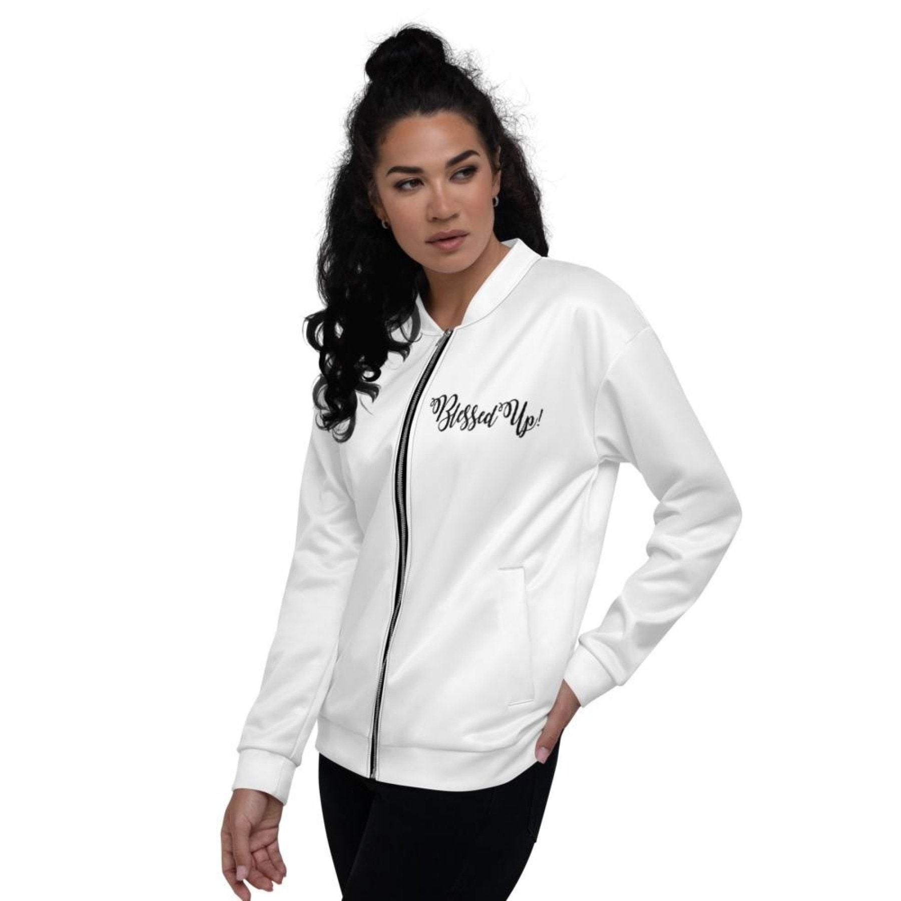 Womens Jacket - Blessed Up Graphic Text Bomber Jacket - foxberryparkproducts