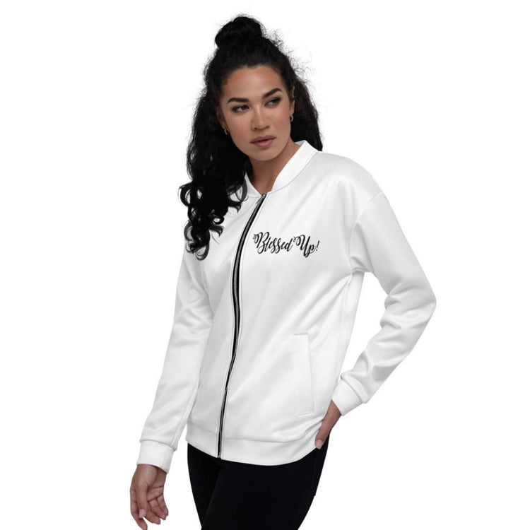 Womens Jacket - Blessed Up Graphic Text Bomber Jacket - foxberryparkproducts